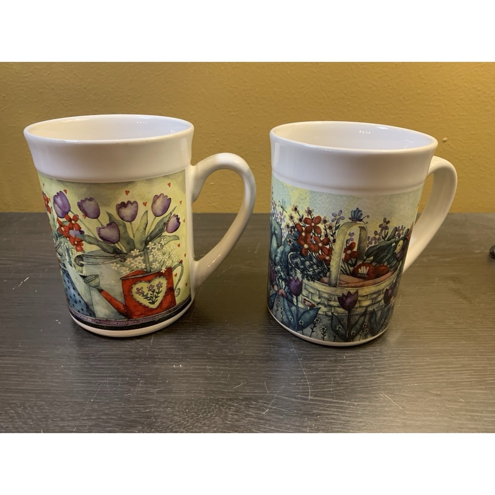 Vintage 2004 Essential Home Set Floral Garden Tea Time Cups By Debi Hron Mug